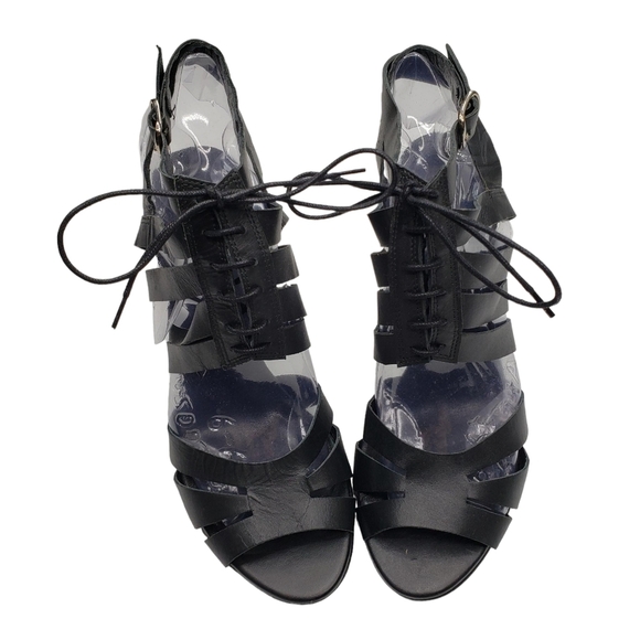 TOPSHOP | Black Strappy Vegan Leather Cage Lace Up Open Toe Heels Women's 7.5 - Picture 6 of 14